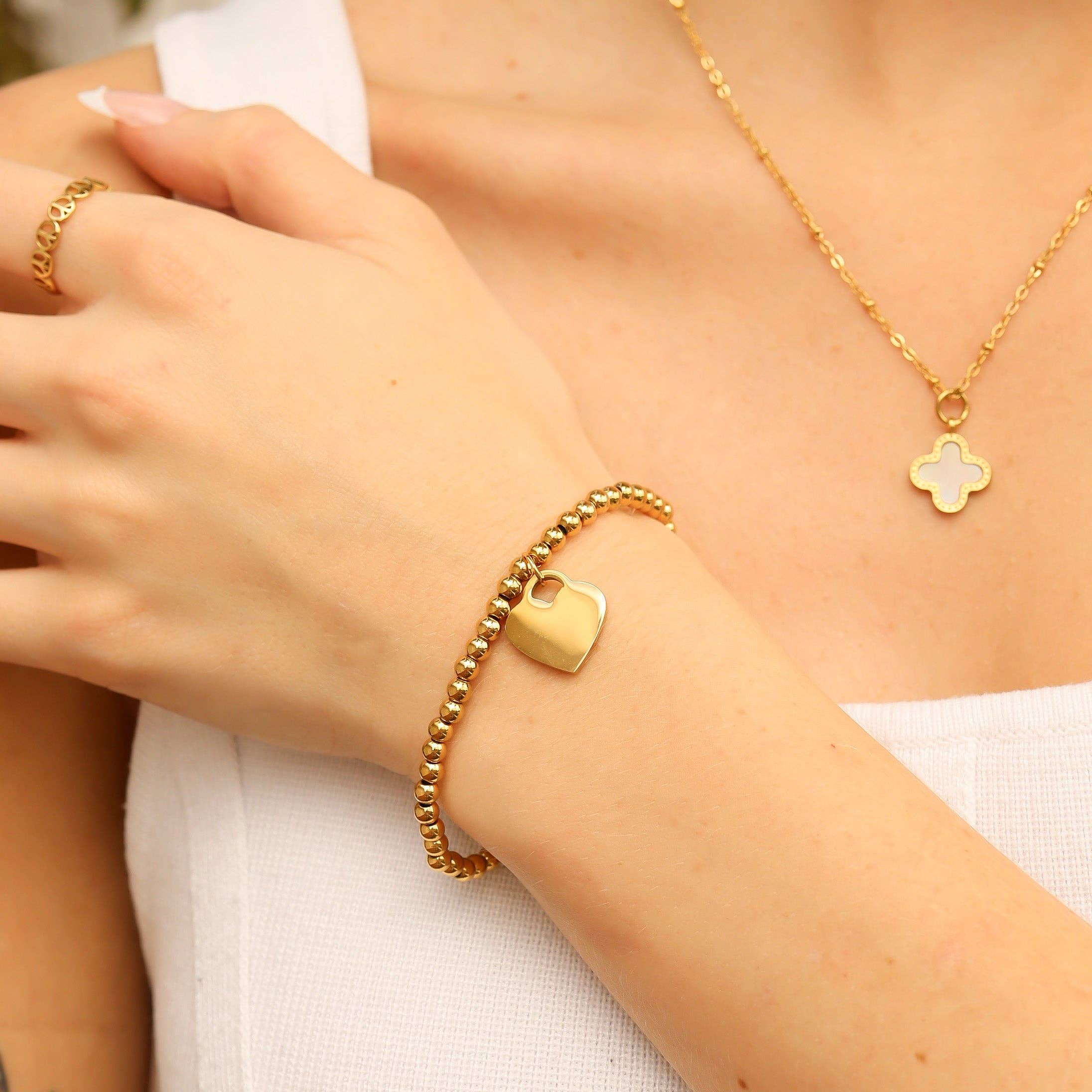 Beaded Stretch Bracelet With Heart